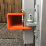 Mk8 left side anti lift fitted to a metal pedestrian gate showing anti lift 15mm gap under the post hook gate in open position